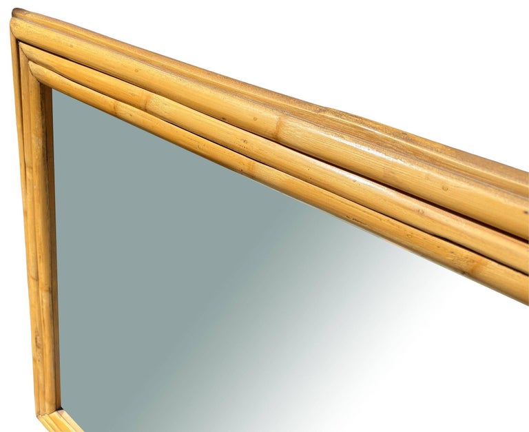 Restored 41" Mid-Century 3-Strand Rattan Frame Wall Mirror