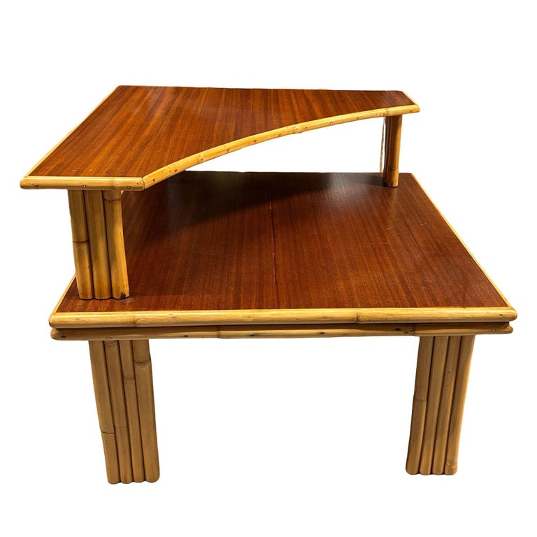 Restored Mid-century Stacked Rattan & Mahogany Two-Tiered Corner Side Table