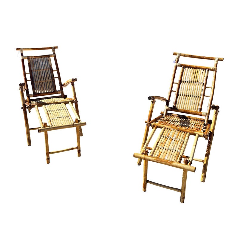 Restored Aesthetic Movement Tiger Bamboo Garden/Patio Fold Lounge Recliner, Pair