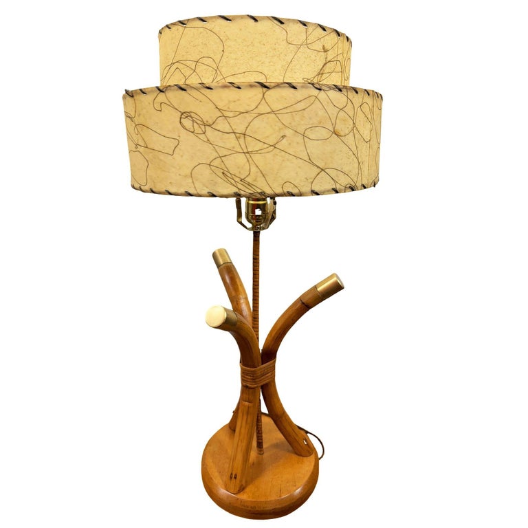 Restored Hourglass Palm Shaped Rattan & Mahogany Lamp w/ Whipple Stitch Shade