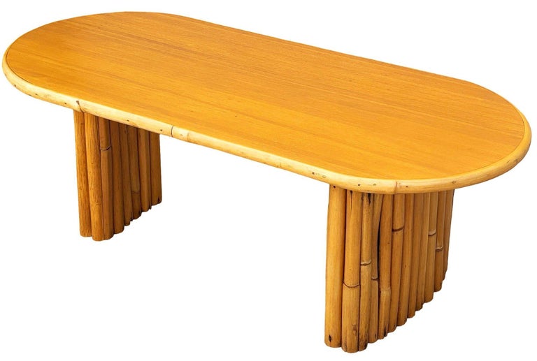 Restored Rattan & Koa Wood Oval Surfboard Coffee Table w/ Stacked Rattan Legs