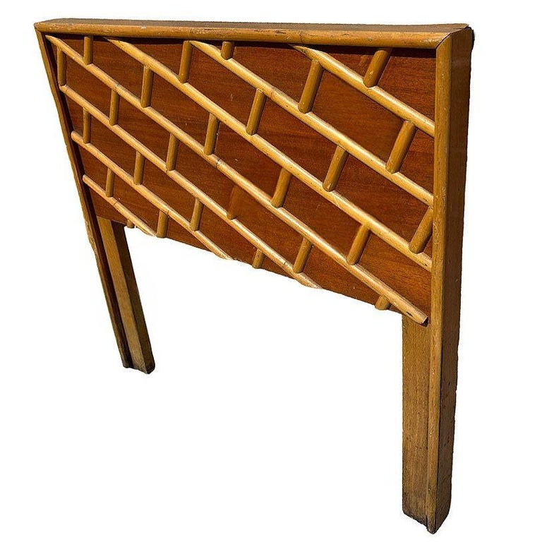 Restored Mid-century Geometric Brick Pattern Rattan & Mahogany Twin Headboad
