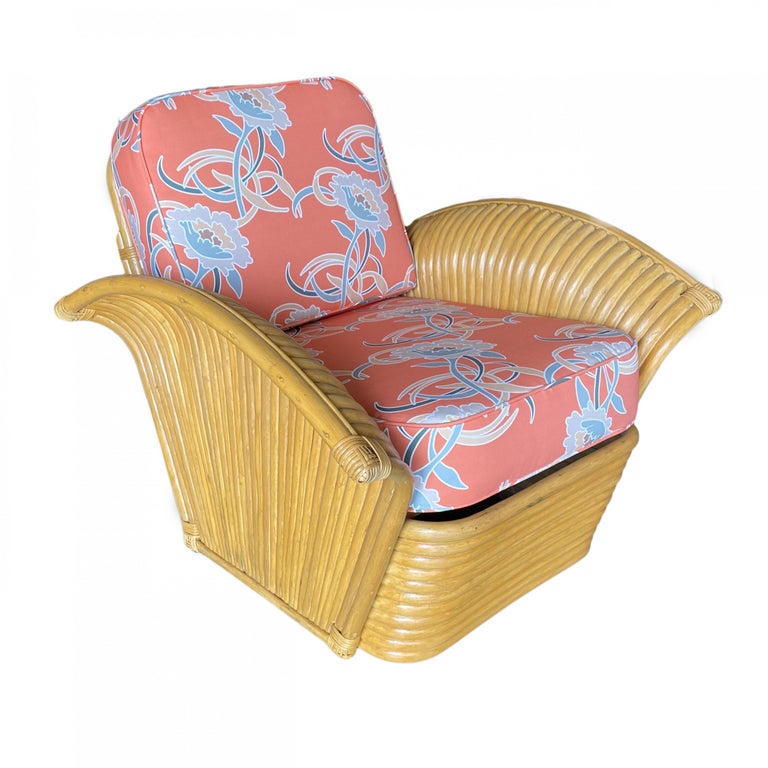 Restored Pair of "Golden Girls" Art Deco Rattan Fan Arm Lounge Chairs