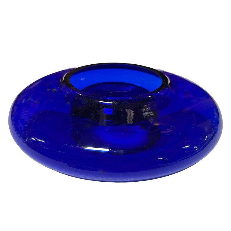Art Deco Era Hand Blown Cobalt Blue Glass Round Rose Bowl Vase