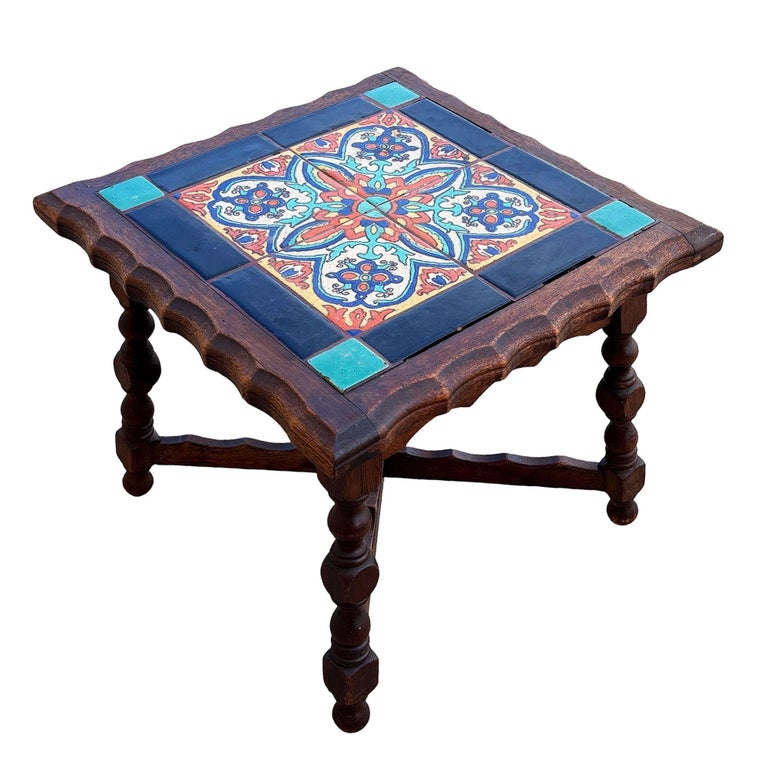 1930 Spanish Style Sculpted Dark Stained Mahogany Side Table w/ Taylor Tile-Top