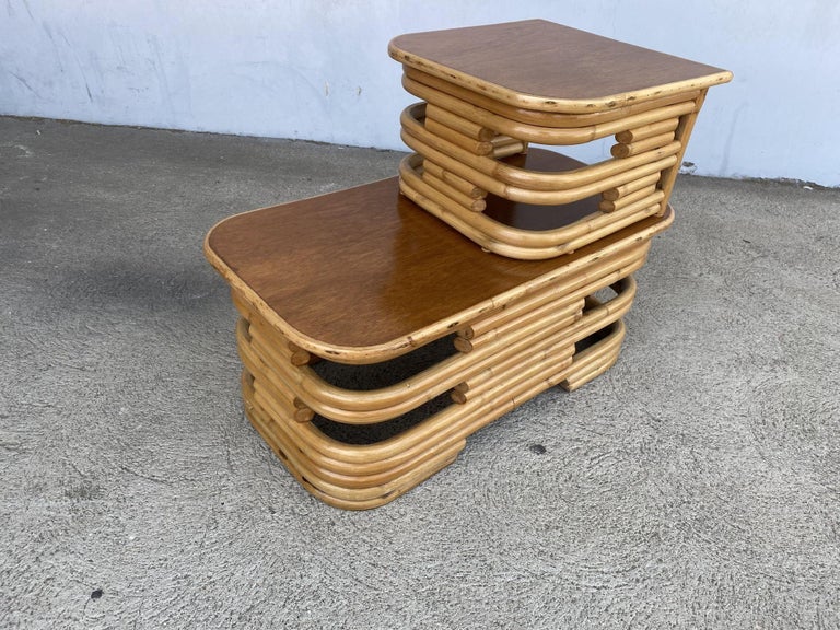 Restored Two-Tier Stacked Rattan Side Table with Mahogany Tops, Pair
