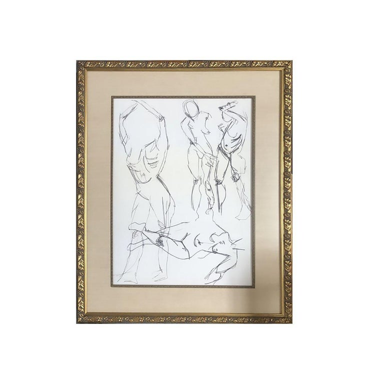 Nude Female Figural Pencil on Paper Drawlings in Gold Tone Frame, Pair
