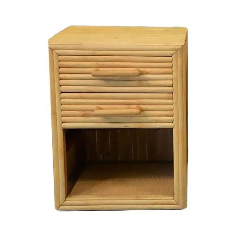 Restored Horizontal Stacked Stick Rattan Side Bedside Table w/ Cubby Space, Pair