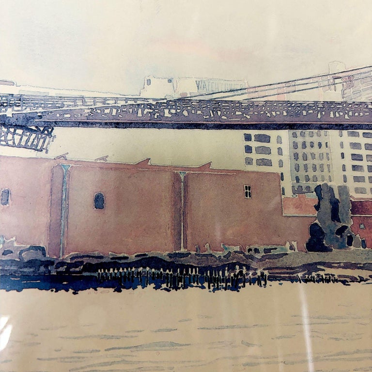 1983 "The Brooklyn Bridge" Watercolor Lithograph Poster by David Lingwood Framed