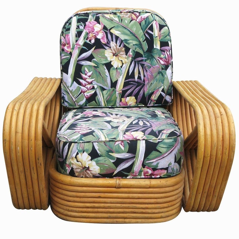 Restored Paul Frankl Style Six-Strand Square Pretzel Rattan Lounge Chair Ottoman