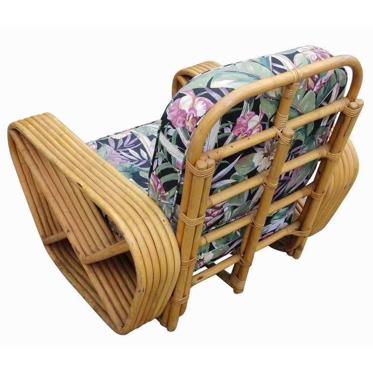 Restored Paul Frankl Style Six-Strand Square Pretzel Rattan Lounge Chair Ottoman