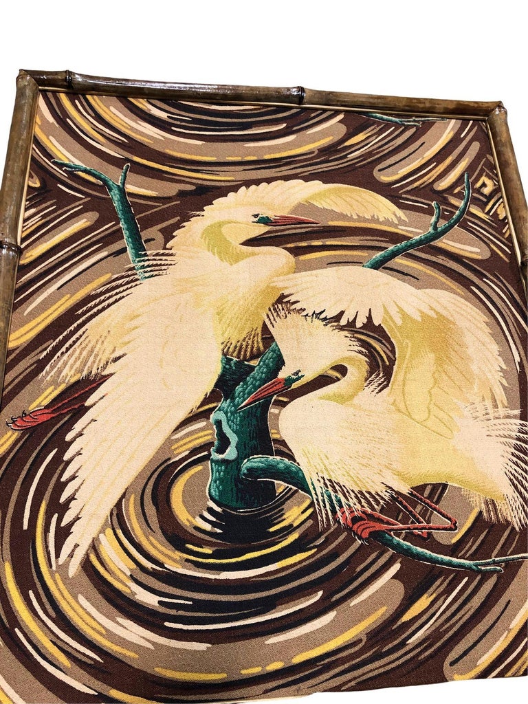 Restored 1949 Rattan Framed Square Crane Bark Cloth Fabric Sample by Spectrum