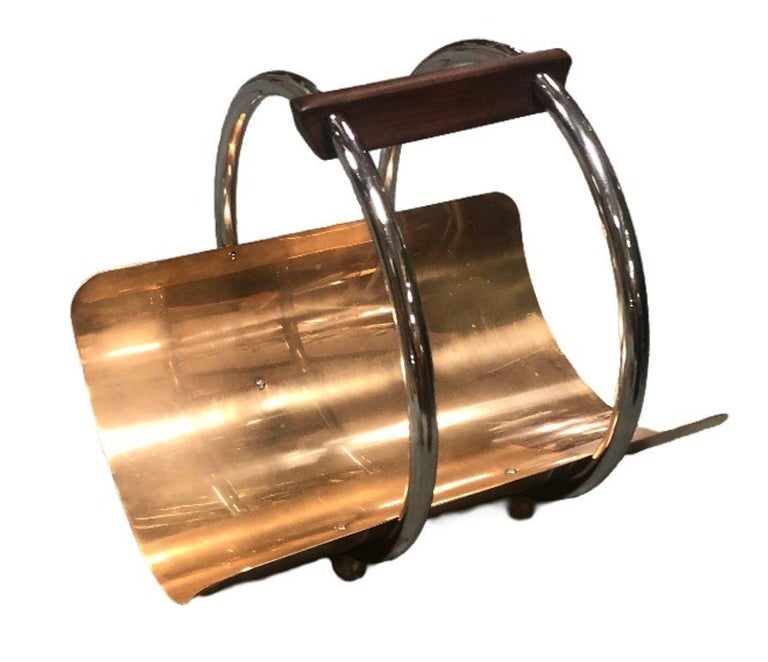 Art Deco Fireplace Log Holder Chrome and Copper by Leslie Beaton for Revere