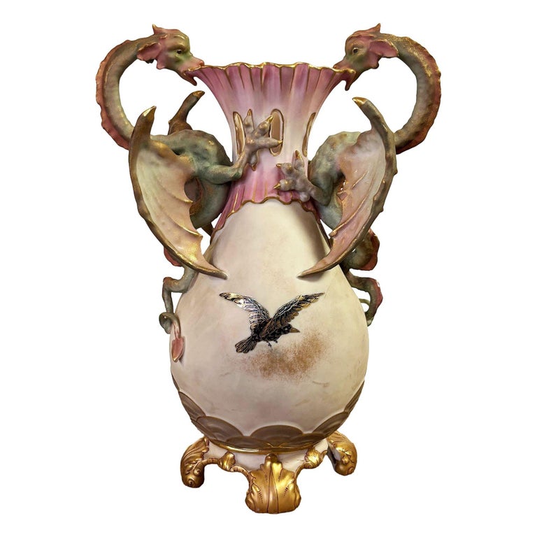 Victorian Dragon Handle Ceramic Vase w/ Hand Painted Corvus by Alfred Stellmache