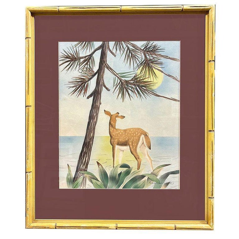 Deer Scenic Watercolor on Paper Signed by Shirrell Graves in Bamboo Frame, Pair
