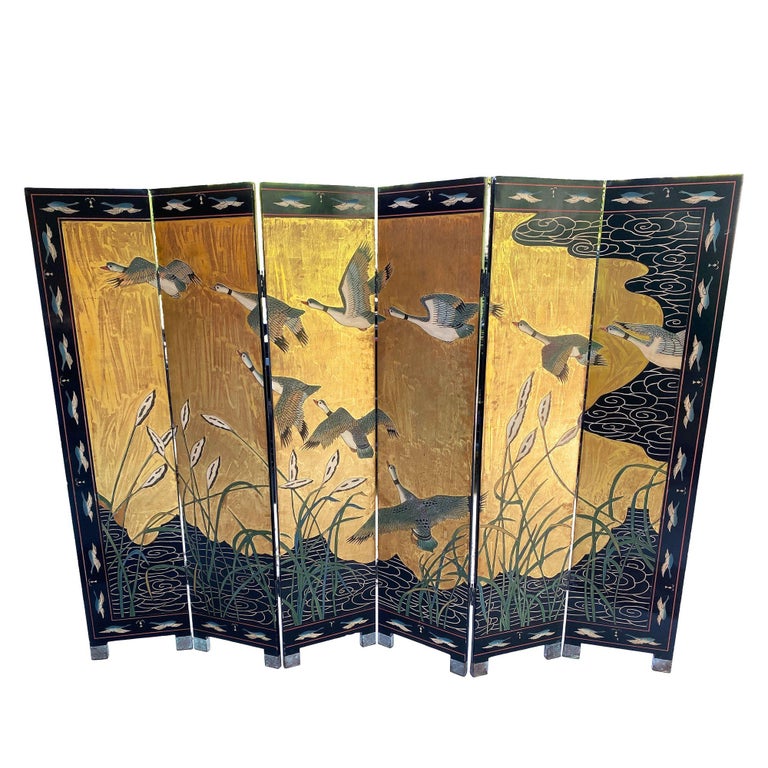 MCM Chinese Export Hand Gilded 6-Panel Geese Coromandel Screen Room Divider
