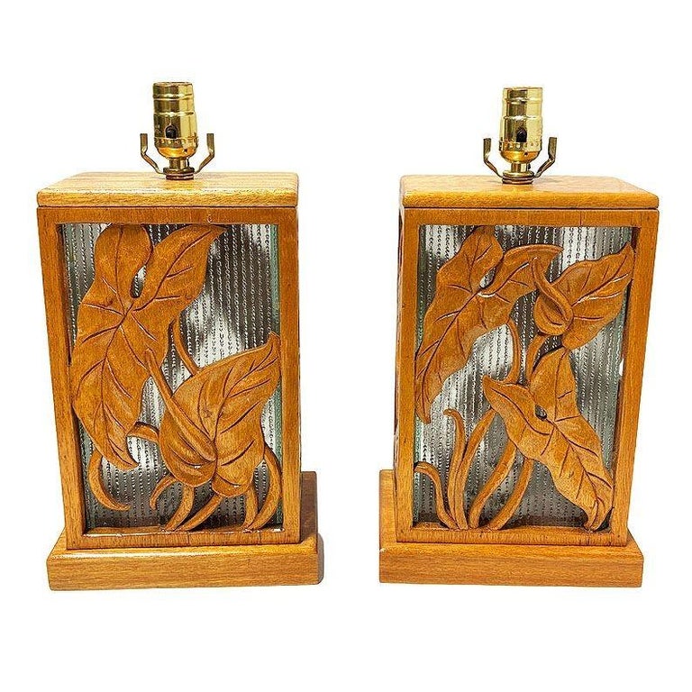 Restored Mid-century Hawaiian Carved Mango Wood Panel Lantern Table Lamps, Pair