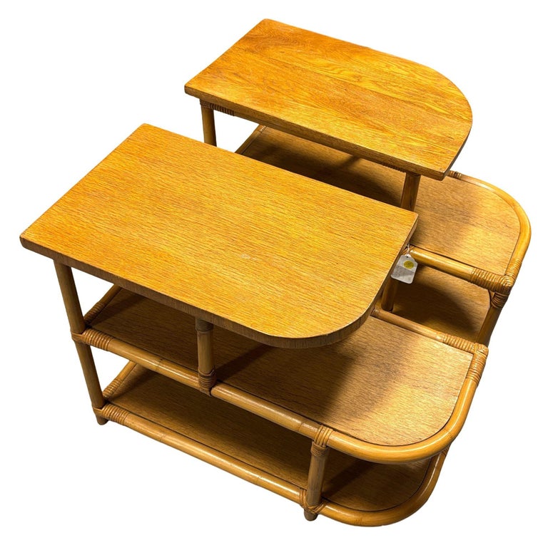 Restored Streamline Rattan & Mahogany 3-Tiered "Trio" End Table, Pair