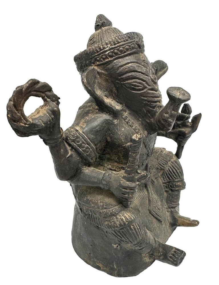 Antique Bronze Ganesha Seated Meditation Four Hands Hindu Ganapati Sculpture