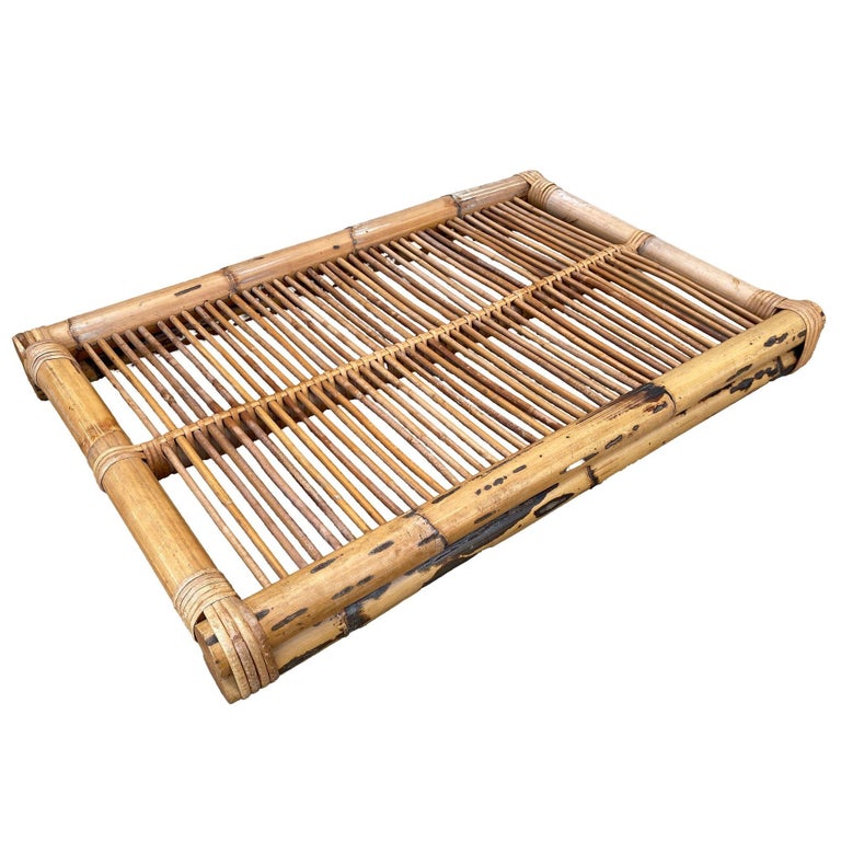 Restored Art Deco Stick Reed Rattan Serving Tray