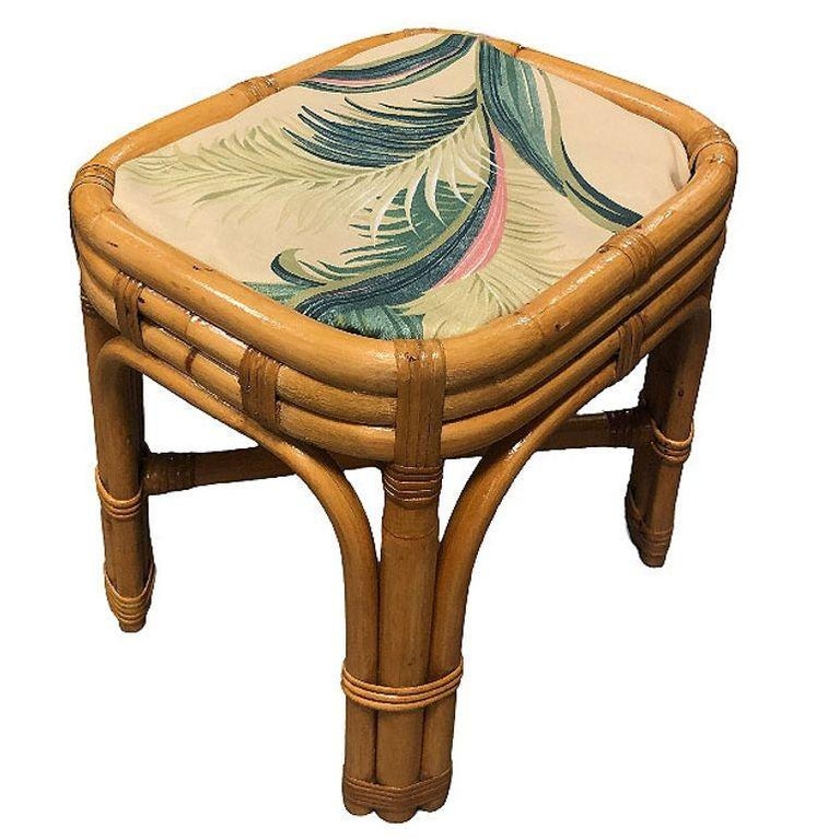 Restored Mid-century Rattan & Wicker Triple Arched Vanity Stool w/ Palm Fabric