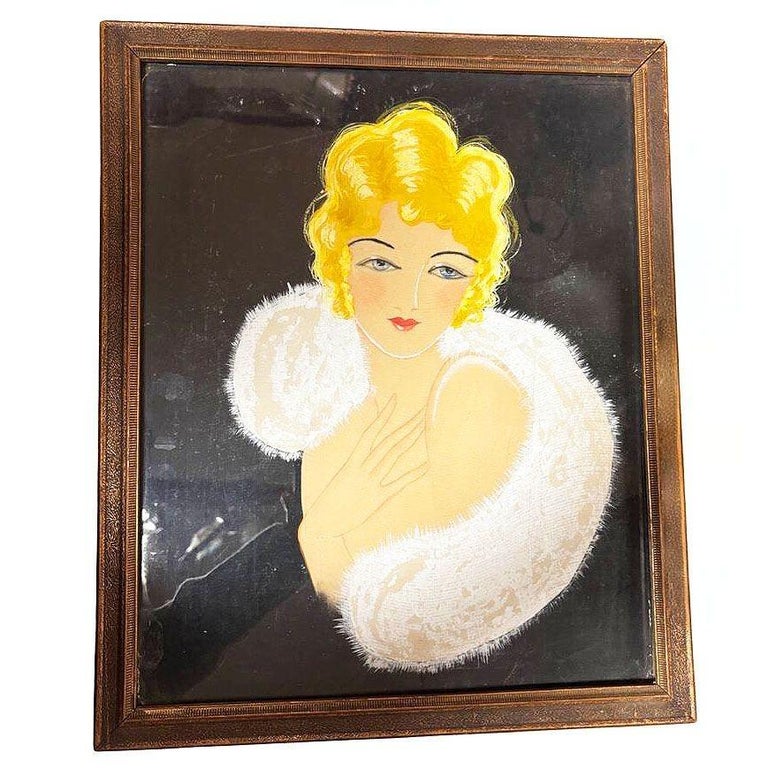 1920 Female Glamour Flapper Portrait Pastel on Black Paper, Framed