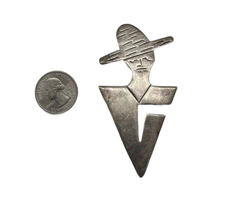 Vintage 925 Sterling Silver Mexican Lady In Hat Letter "V" Initial Pin Brooch