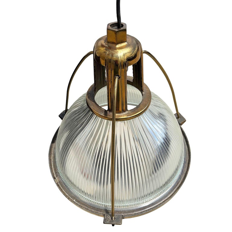 Rare Brass Plated Holophane Industrial Hanging Pendant Light