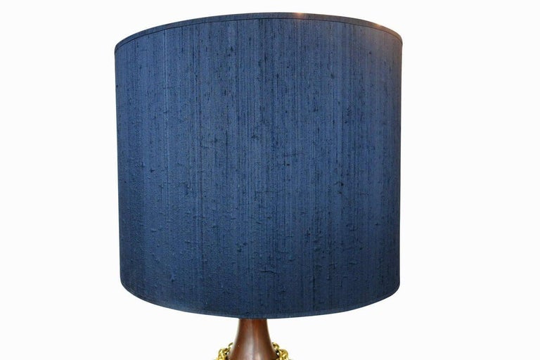 Large Midcentury Pottery Gold Tone Chain Lamps with Shade