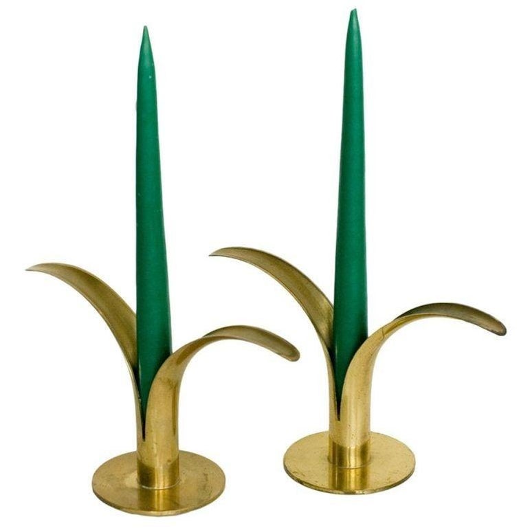 MCM "Lily" Brass Candlestick Holders By Ivar Ålenius Björk for Ystad-Metall