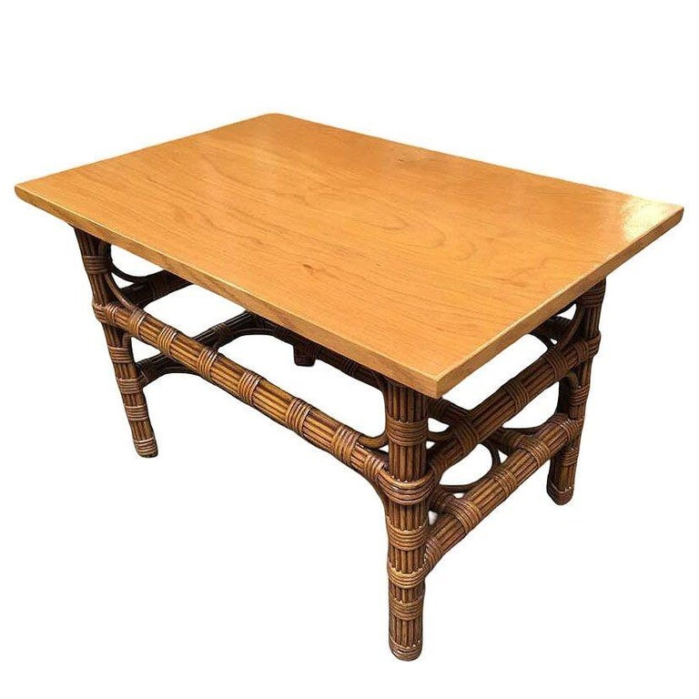 Restored Stick Rattan Side Table with Bleached Mahogany Top