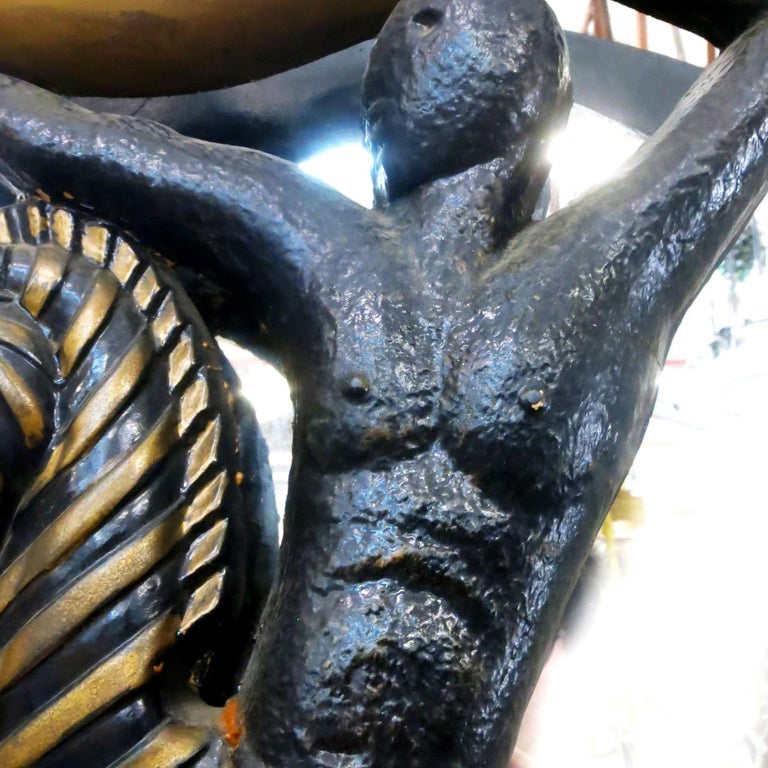Very Large Midcentury Wall Mirror with Carved Tribal Sculptures in the Center