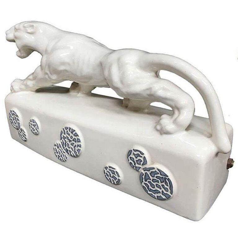 White Ceramic "Sportsman Panther" TV Lamp signed Kron, 1955