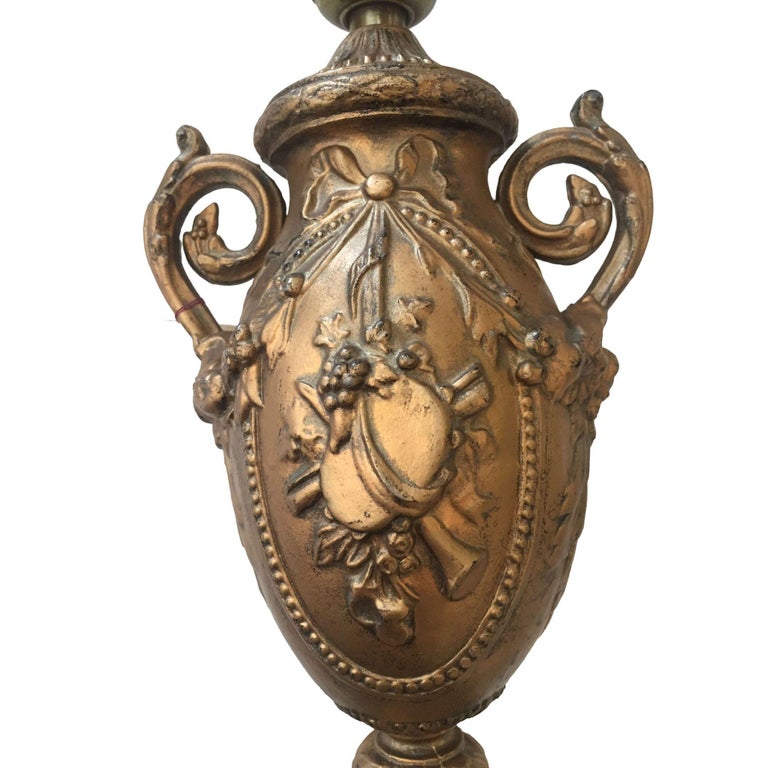 Hollywood Regency Style Goldtone Spelter Urn Table Lamp on Marble Base