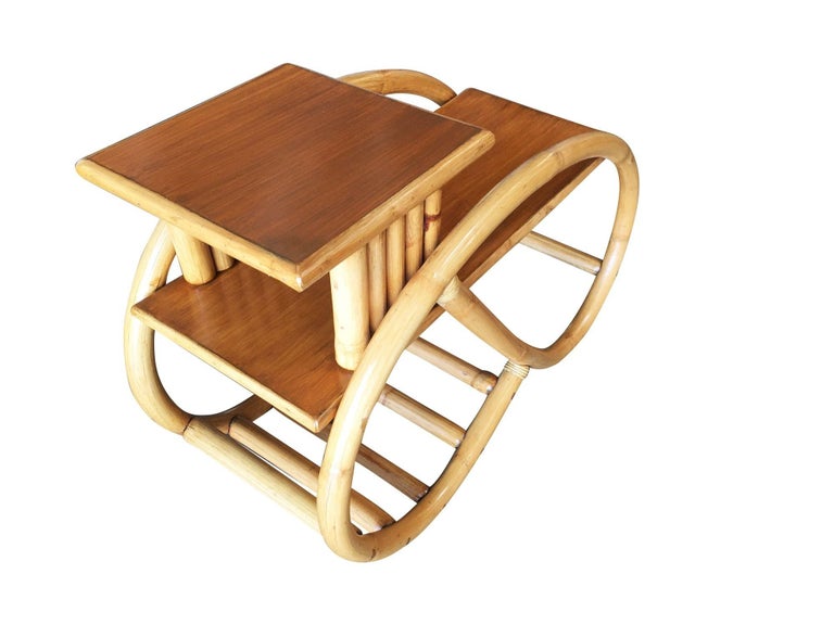 Restored 3/4 Round Pretzel Rattan Side Table w/ 2-Tier Mahogany Tops, Pair
