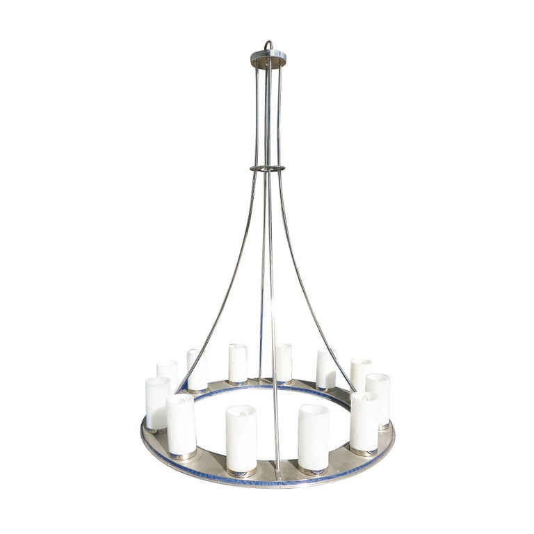 Large Modernist Twelve-Light Nickel Finished Chandelier