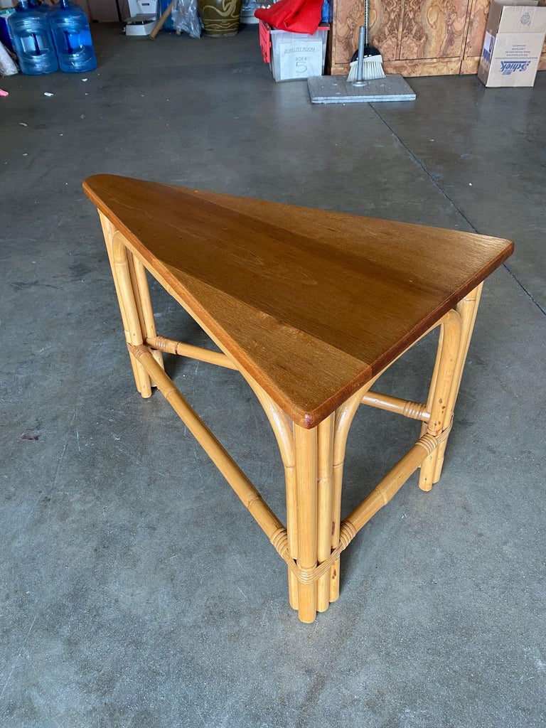 Restored Rattan Corner Wedge Table with Mahogany Tabletop