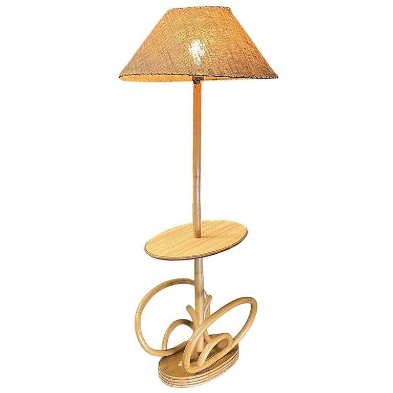 Restored Rare Mid Century Rattan Pole Floor Lamp & Drink Stand w Magazine Holder