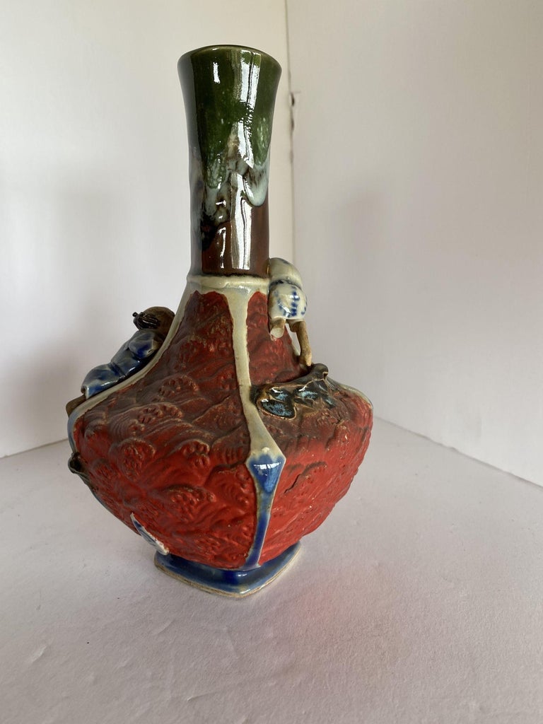 Japanese Sumida Ware Vase with Two Men on Rocky Ledge by Inoue Ryosai II