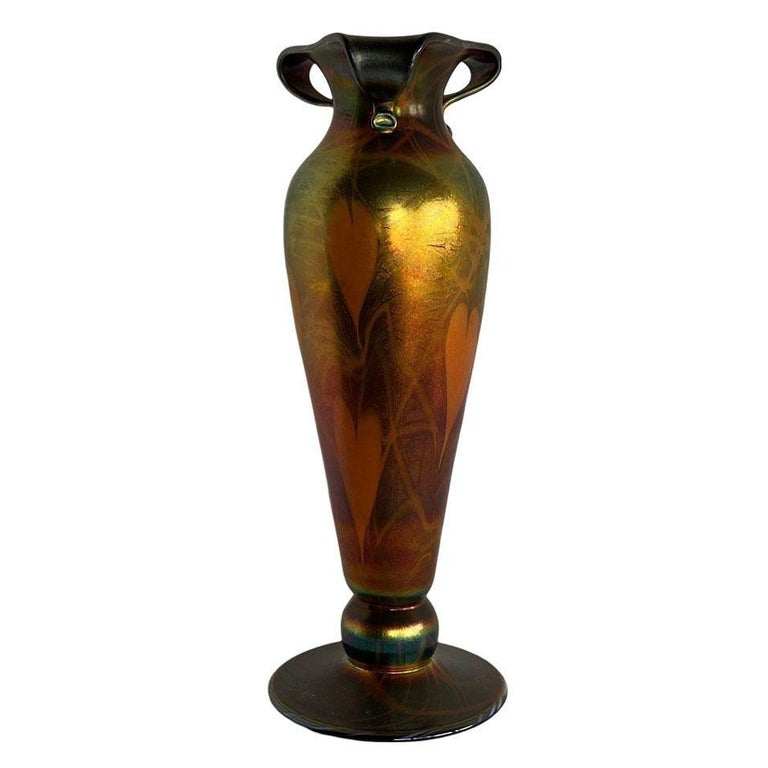 Rare Early 20th Iridescent Handblown Heart & Vine Vase Set by Imperial