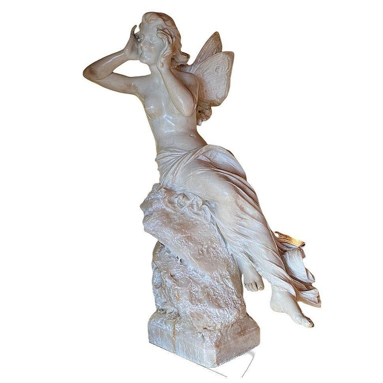 Late Victorian French Hand Carved Nude Psyche Goddess Marble Statue, signed