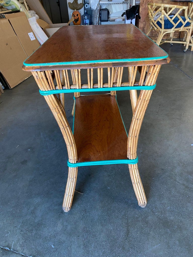 Restored Presidential Stick Reed Rattan TV Stand/Console Table w/ Mahogany Top