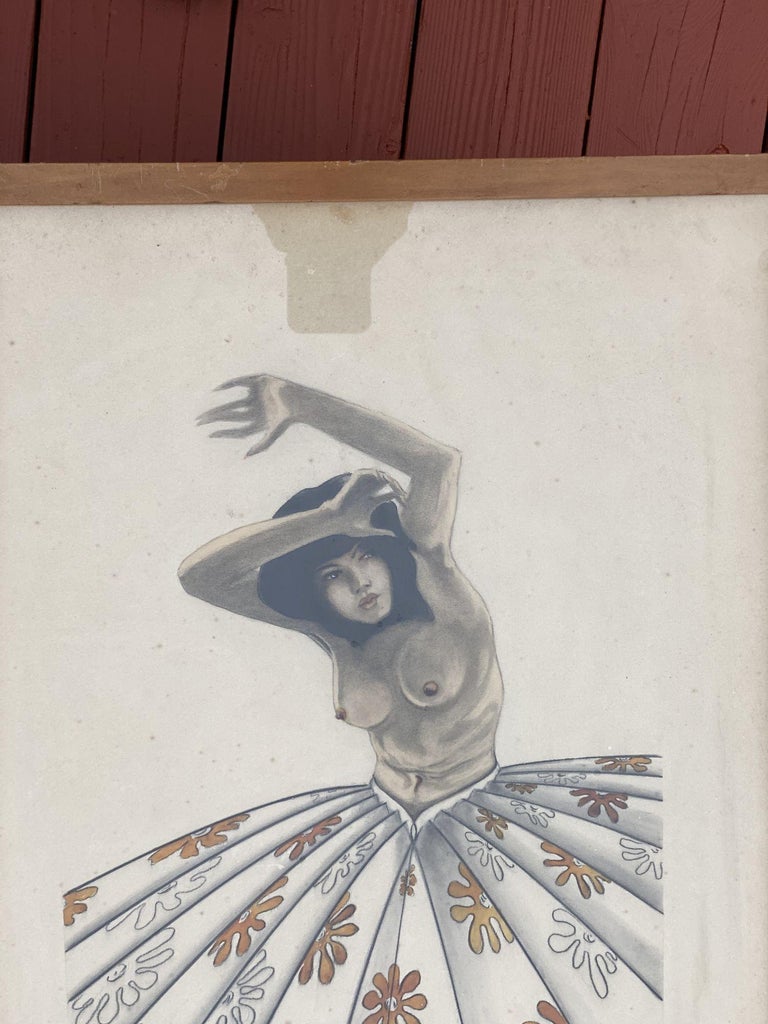 Post War Tropical Nude Color Pencil Drawling Signed Schultz