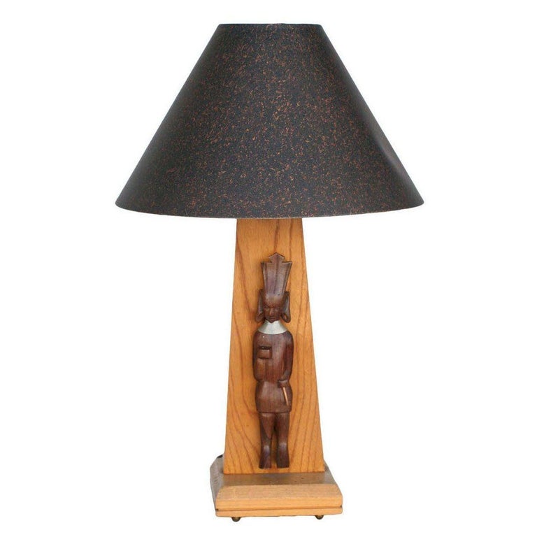 Mid-Century Table Lamps w/ African Hand Carved Kenyan Carvings Sculpture, Pair