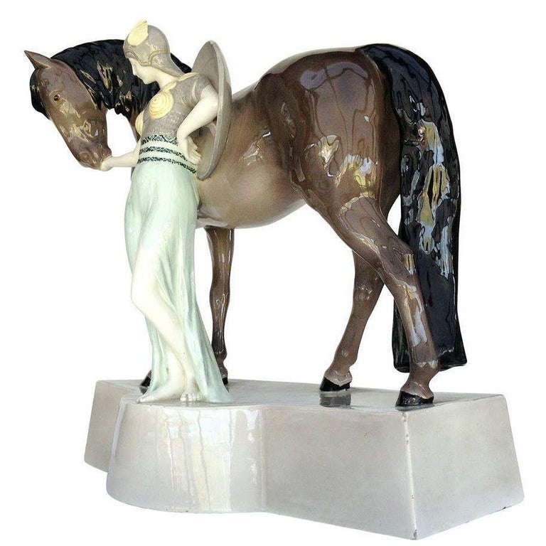 Ceramic Valkyrie and Horse Sculpture by Stanislaus Capeque for Goldscheider
