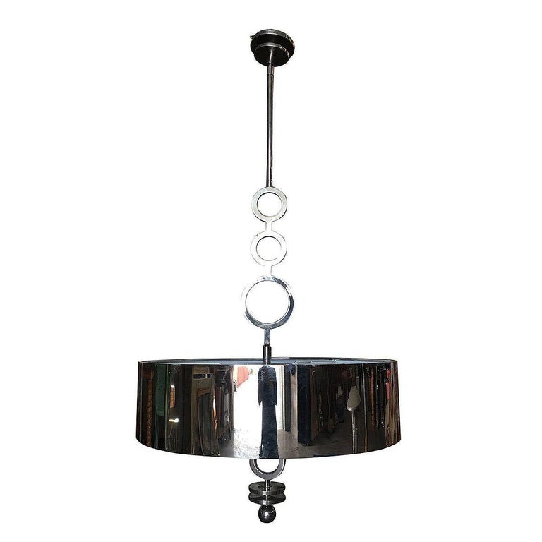 Chrome Drum Chandelier with Frosted Glass Shade