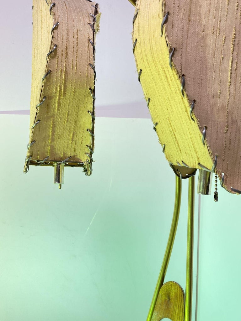 Mid Century Walnut and Brass Floor Lamp with Whipstitch Fiberglass Lamp Shades