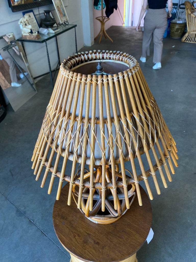 Restored Modernist Stacked Stick Reed Rattan Table Lamp w/ Rattan Shade