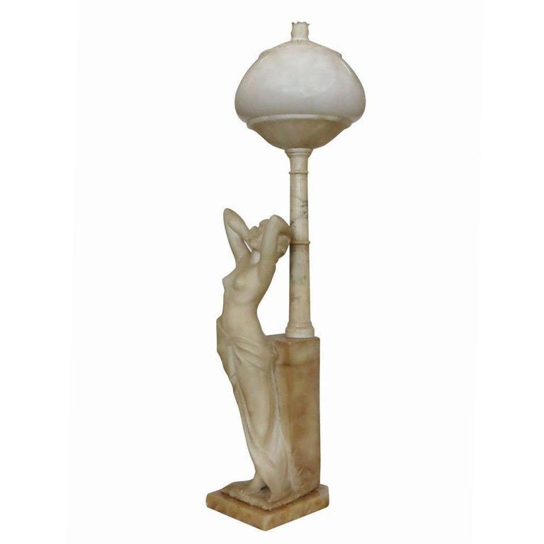 Edwardian Era Italian Carved Alabaster Nude Greco-Roman Female Figural Lamp