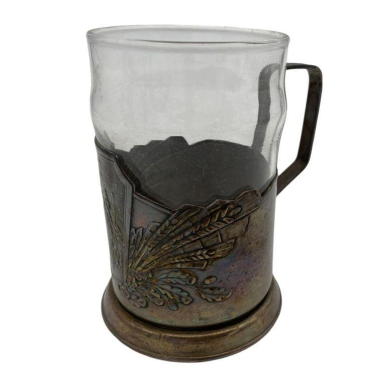 Art Deco "Age of Progress" Silver Plate and Glass Beer Mug